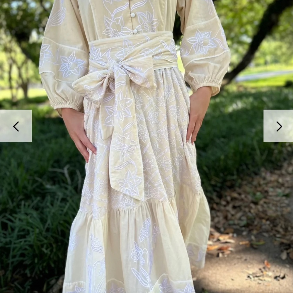 Sue Sartor Flounce Dress | White Embroidered Daffodil | Jewel Neck Dress